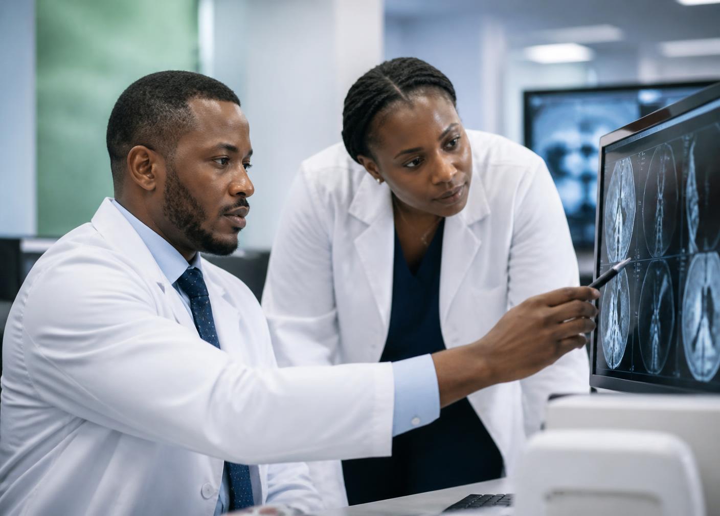 Two Nigerian oncologists reviewing diagnostic imaging together in a clinic