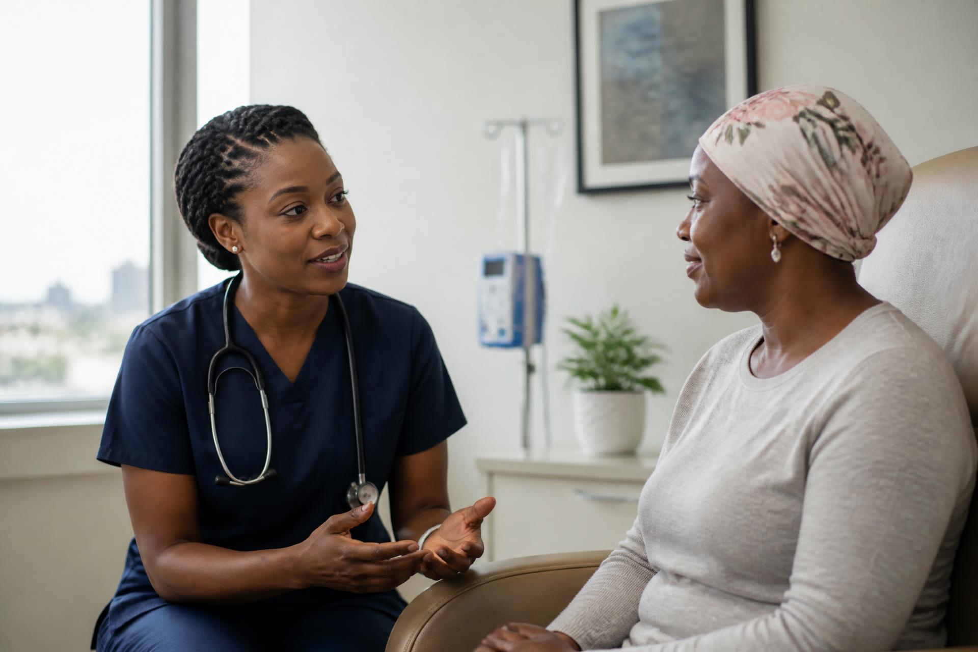 An oncology nurse in Lagos speaking with a patient during a follow-up consultation